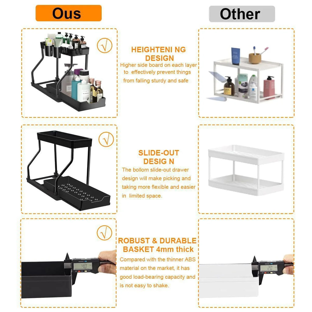 Kitchen storage rack - movable drawers, double-layer storage shelf, no drilling required, for home bathrooms
