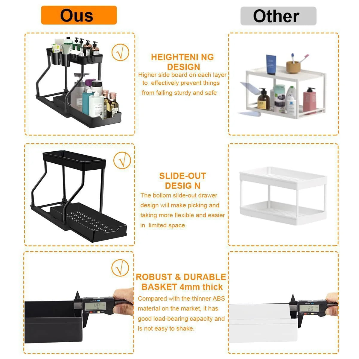 Kitchen storage rack - movable drawers, double-layer storage shelf, no drilling required, for home bathrooms
