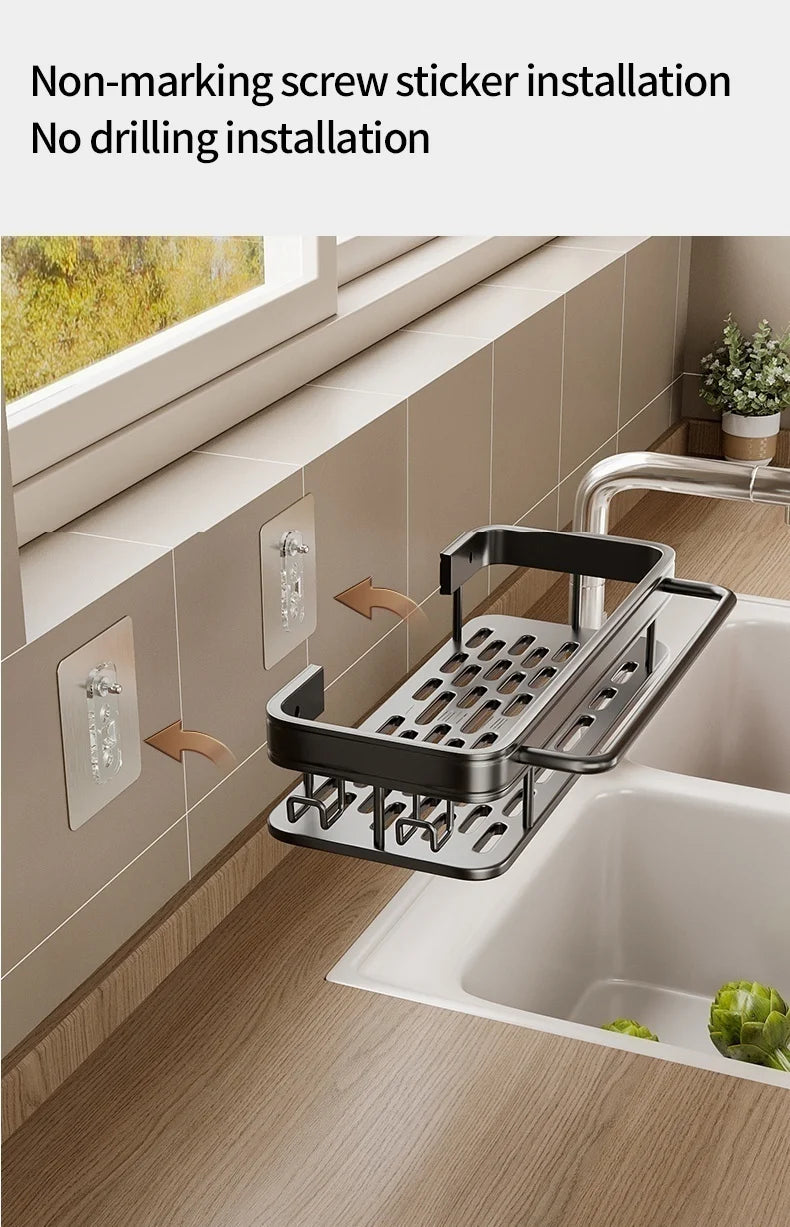 Multi-functional Kitchen Shelf, Drying Rack, Mop Storage, No-Drill Wall Mount, Home Spice Rack, Sink Faucet Basin