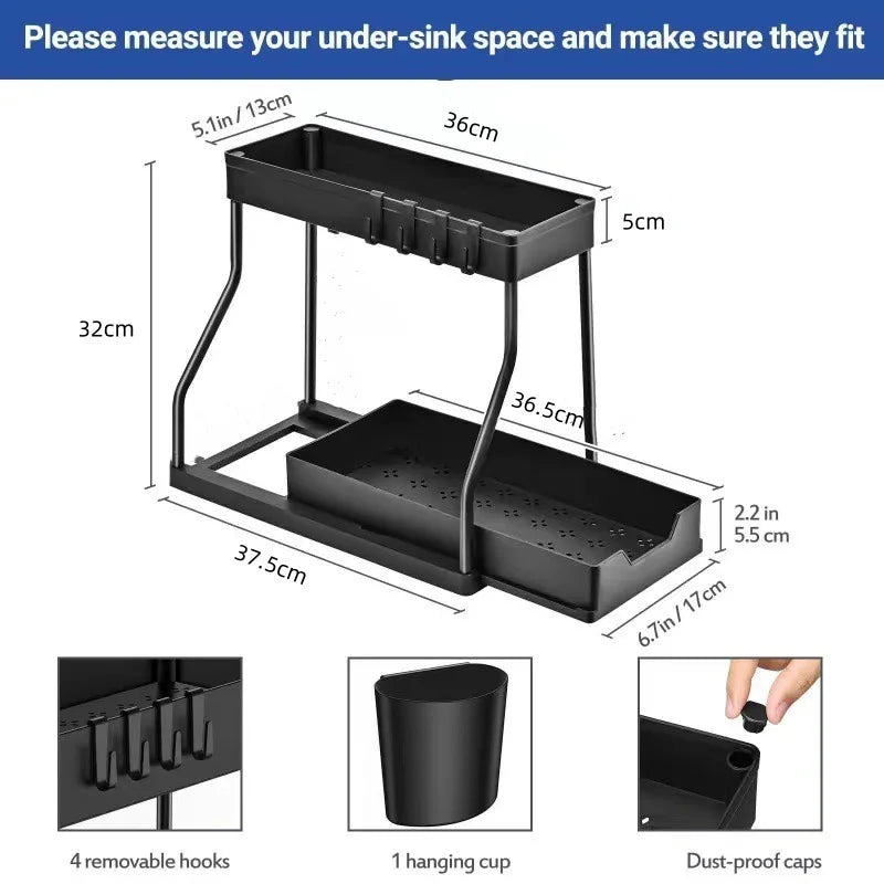 Kitchen storage rack - movable drawers, double-layer storage shelf, no drilling required, for home bathrooms