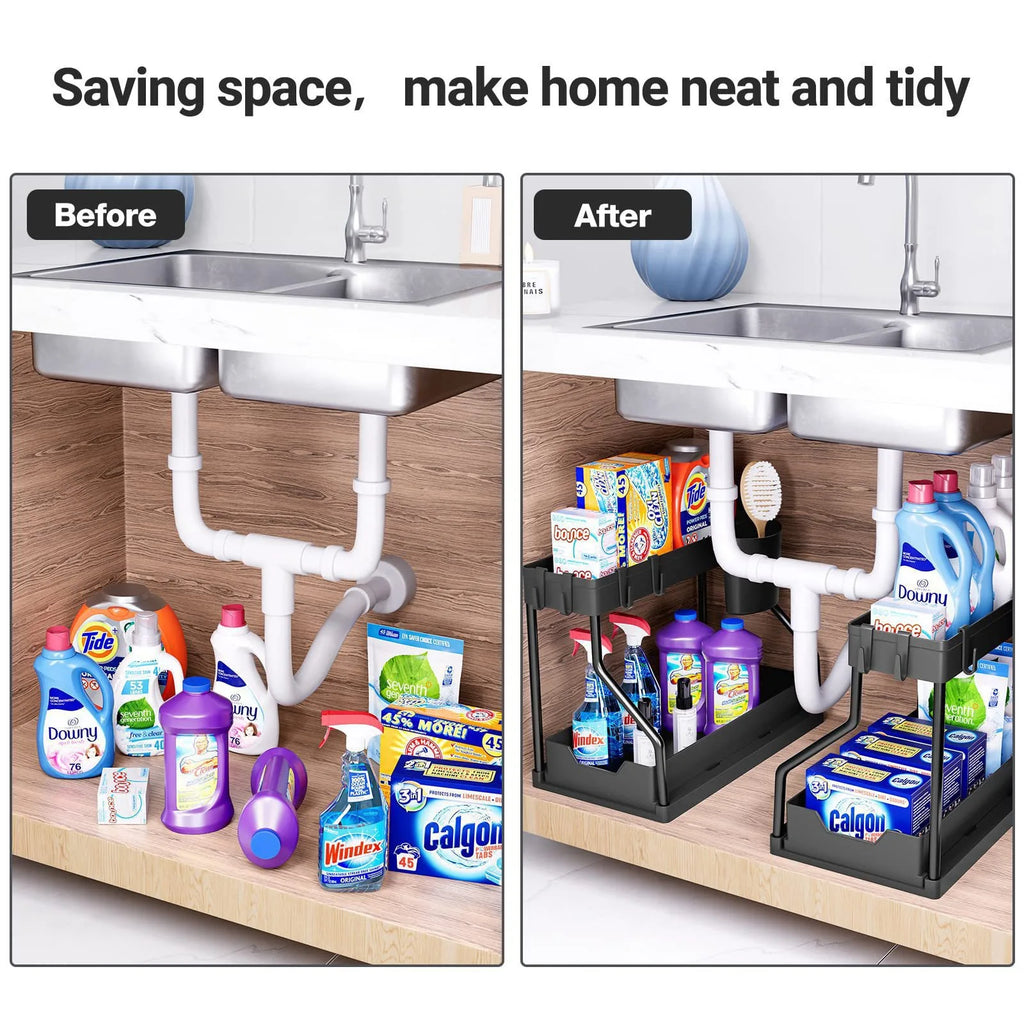 Kitchen storage rack - movable drawers, double-layer storage shelf, no drilling required, for home bathrooms