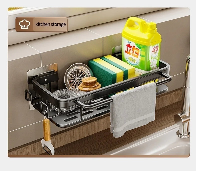 Multi-functional Kitchen Shelf, Drying Rack, Mop Storage, No-Drill Wall Mount, Home Spice Rack, Sink Faucet Basin