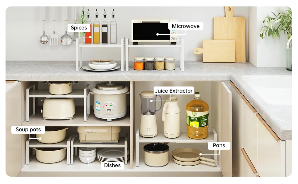 Kitchen Storage Rack under the Sink, Layered Shelf in the Cabinet, Countertop, Extendable Cabinet, Dish Storage Rack for Home