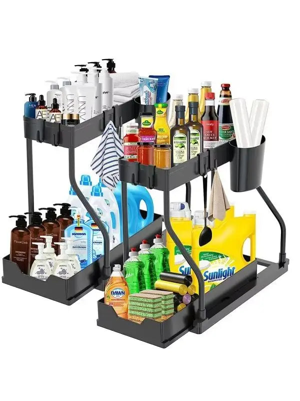Kitchen storage rack - movable drawers, double-layer storage shelf, no drilling required, for home bathrooms