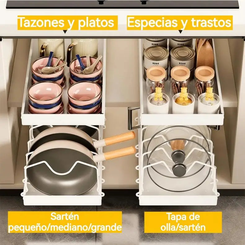 Kitchen Multifunctional Organizer - Pull-Out for Pots/Pans, Sliding Lid Holder, Spice Rack & Dish Drying Racks Drawer Organizer