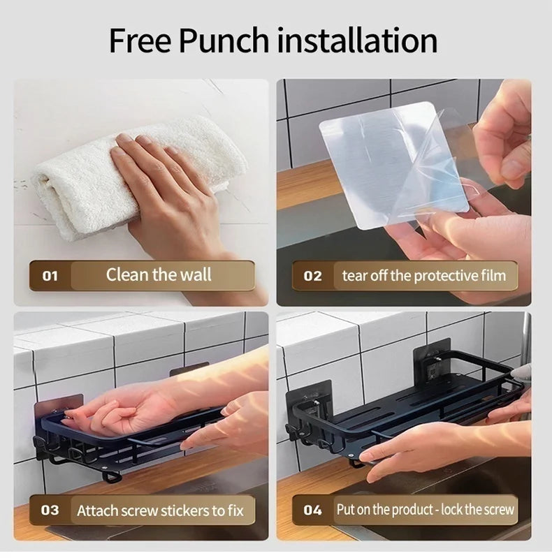 Multi-functional Kitchen Shelf, Drying Rack, Mop Storage, No-Drill Wall Mount, Home Spice Rack, Sink Faucet Basin