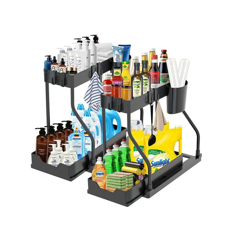 Kitchen storage rack - movable drawers, double-layer storage shelf, no drilling required, for home bathrooms