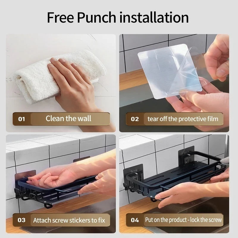 Multi-functional Kitchen Shelf, Drying Rack, Mop Storage, No-Drill Wall Mount, Home Spice Rack, Sink Faucet Basin