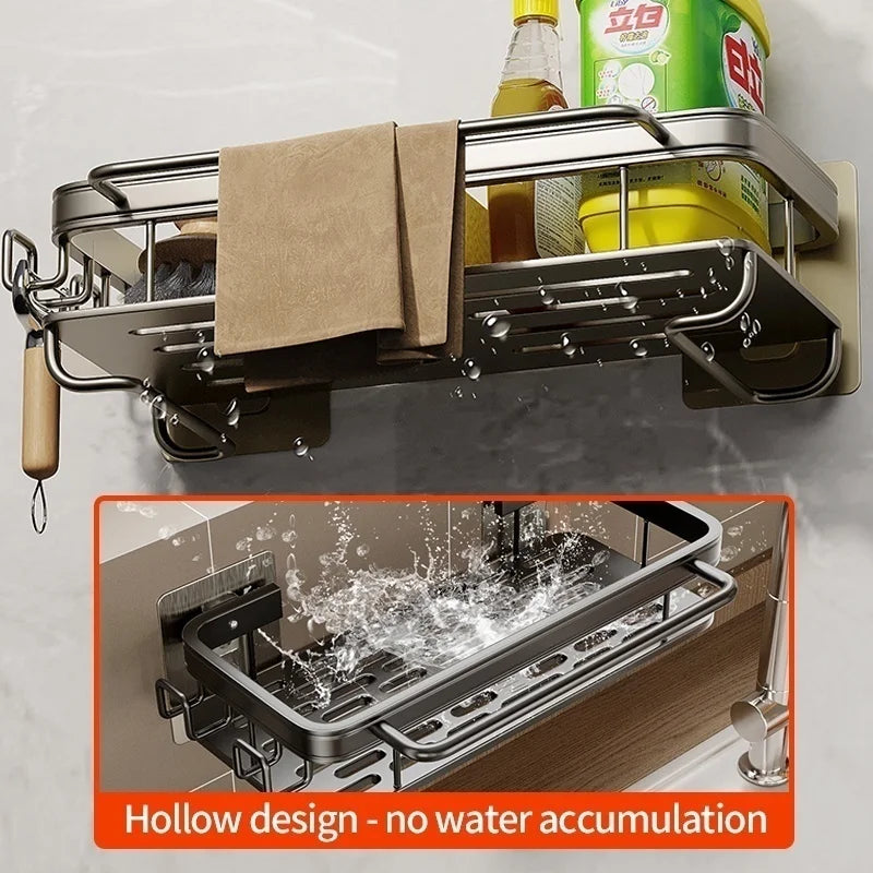 Multi-functional Kitchen Shelf, Drying Rack, Mop Storage, No-Drill Wall Mount, Home Spice Rack, Sink Faucet Basin