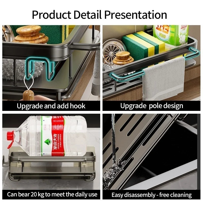 Multi-functional Kitchen Shelf, Drying Rack, Mop Storage, No-Drill Wall Mount, Home Spice Rack, Sink Faucet Basin