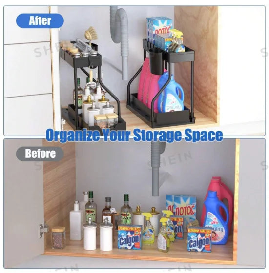 Kitchen storage rack - movable drawers, double-layer storage shelf, no drilling required, for home bathrooms