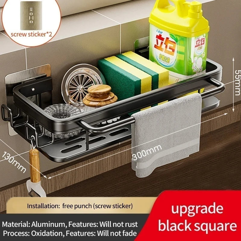 Multi-functional Kitchen Shelf, Drying Rack, Mop Storage, No-Drill Wall Mount, Home Spice Rack, Sink Faucet Basin