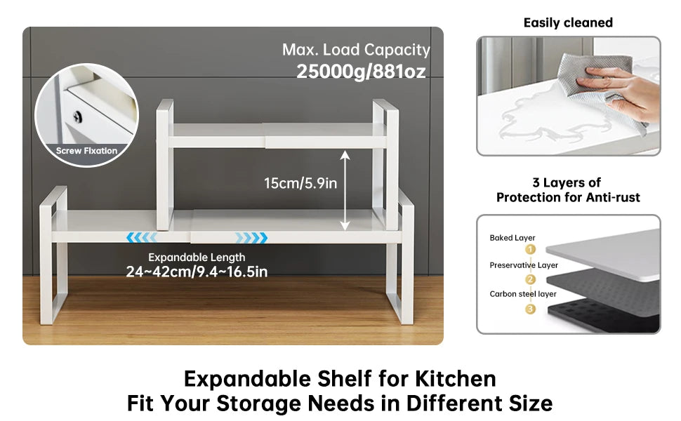 Kitchen Storage Rack under the Sink, Layered Shelf in the Cabinet, Countertop, Extendable Cabinet, Dish Storage Rack for Home