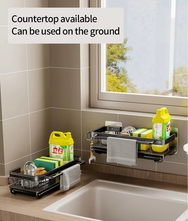 Multi-functional Kitchen Shelf, Drying Rack, Mop Storage, No-Drill Wall Mount, Home Spice Rack, Sink Faucet Basin
