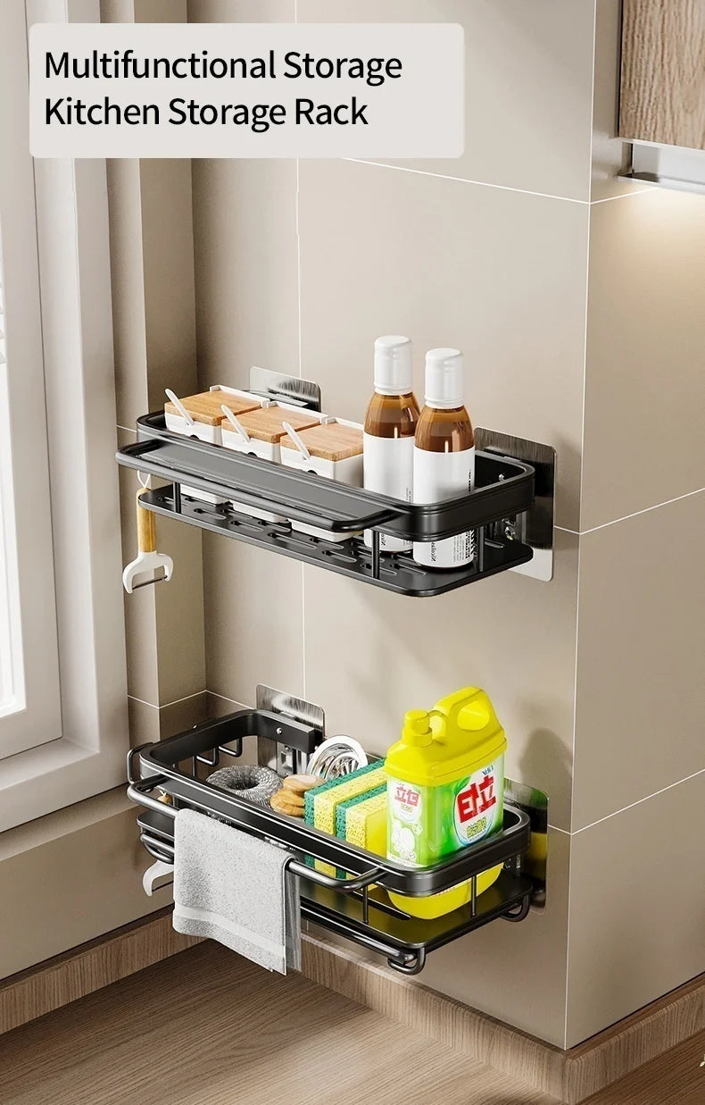 Multi-functional Kitchen Shelf, Drying Rack, Mop Storage, No-Drill Wall Mount, Home Spice Rack, Sink Faucet Basin